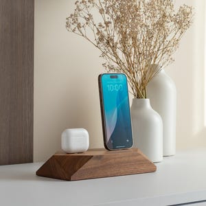 Wooden Dual Charging Station, Double IPhone Docking Station, Wood Phone Desk Organizer, Two Slot Android Charger, Family Accessories Stand