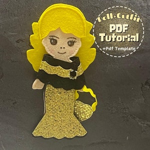 Cute felt doll and golden outfit pattern , PDF pattern download, sewing tutorial,  paper doll Digital PDF Pattern, dress-up doll pattern
