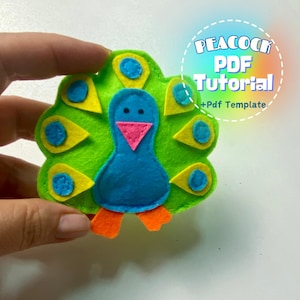 Snoepkleur vilt pauw, pdf-patroondownload, naai-tutorial, eenhoorn pluche naaipatroon, kinderkamer pauwornament - digitale pdf-patroon