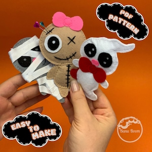 Op de afbeelding: Een set van drie Halloween-personagepatronen van vilt: een mummie, een voodoopop en een spook. De patronen zijn gemakkelijk te maken en perfect om je huis voor Halloween te versieren.