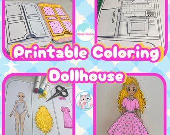 May include: Printable coloring dollhouse set with various elements. Includes a doll, furniture, and accessories. The set features a doll with a pink dress, a kitchen, and a wardrobe. The text "Printable Coloring Dollhouse" is displayed.