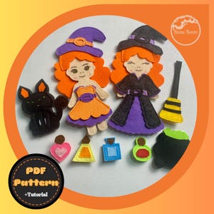 PDF SET | Halloween Filz Babypuppe Set mit Schwarzer Katze & Zaubertränke Flaschen | DIY-Anleitung für Kinder | Gruselige Jahreszeit Dekor | Schnittmuster