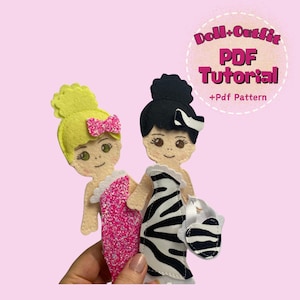 Cute felt doll and Stylish Pinky Party outfit pattern, PDF pattern download, sewing tutorial,  paper doll Digital PDF, dress-up doll pattern