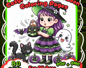 May include: A digital illustration for Halloween coloring pages. The image features a cartoon witch holding a jack-o'-lantern, a black cat, a ghost, and pumpkins. The text reads "Cozy, Spooky Halloween Coloring Pages" and "80 pages For All Ages PDF + PNG Download".
