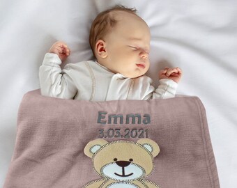 Babydecke mit Öko Tex Zertifikat bestickt mit Wunschtext | Personalisierte Kuscheldecke für Baby Jungen und Mädchen I Geburt Erstausstattung