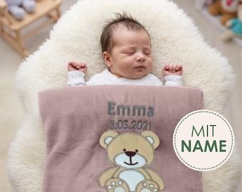 Babydecke mit Öko Tex Zertifikat bestickt mit Wunschtext | Personalisierte Kuscheldecke für Baby Jungen und Mädchen I Geburt Erstausstattung