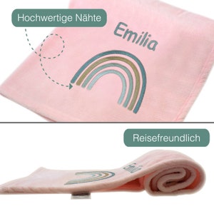 Coperta per bambini con certificato Öko Tex ricamato con testo desiderato Coperta coccolosa personalizzata per neonati e bambine I primo equipaggiamento nascita Decke Rosa Regenbog.