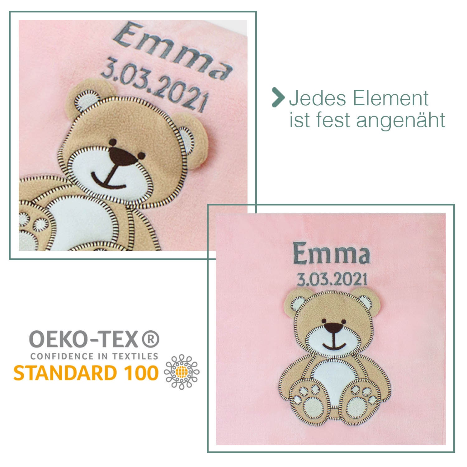 1A Qualität nach Ökotex 100 Standard Beige - BÄR farbecht Babydecke bestickt mit Name und Geburtsdatum/kuschelig weich 