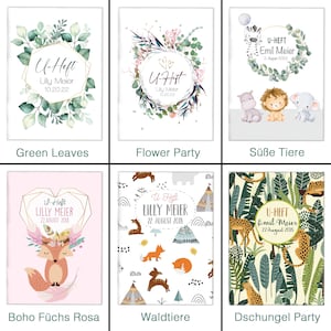 May include: Six different designs for baby's first book covers. The designs include green leaves, flowers, cute animals, a fox with a flower crown, woodland animals, and a jungle scene.