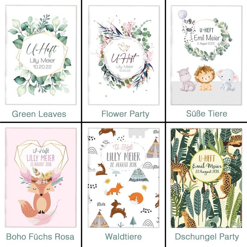 May include: Six different designs for baby's first book covers. The designs include green leaves, flowers, cute animals, a fox with a flower crown, woodland animals, and a jungle scene.