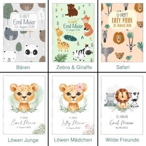 May include: Six different designs for baby shower or baby announcement cards. The designs feature various animals, including lions, zebras, giraffes, bears, and a safari theme. The cards are all in a light pastel color scheme and feature the text "U-Heft" and the name of the baby.