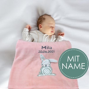 Baby blanket with Oeko Tex certificate embroidered with your desired text Personalized blanket for baby boys and girls I Birth starter kit Rosa Decke mit Hase