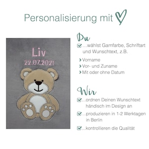 Babydecke mit Öko Tex Zertifikat bestickt mit Wunschtext Personalisierte Kuscheldecke für Baby Jungen und Mädchen I Geburt Erstausstattung Graue Decke mit Bär