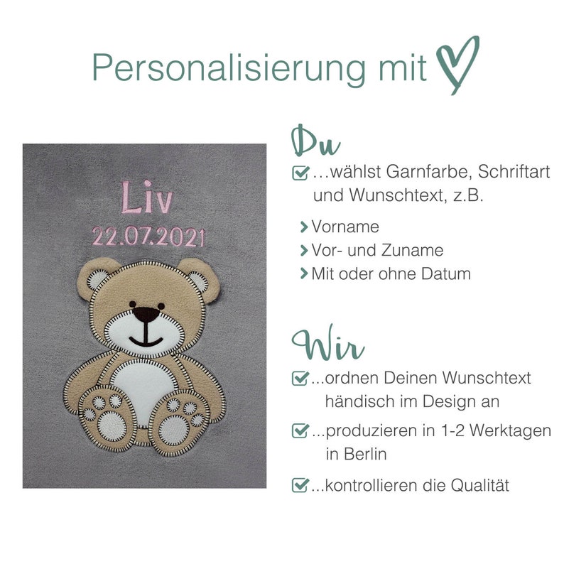 Babydecke mit Öko Tex Zertifikat bestickt mit Wunschtext Personalisierte Kuscheldecke für Baby Jungen und Mädchen I Geburt Erstausstattung Bild 6