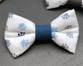 Dog bow tie, dog bow tie, bow tie, white, light blue, dark blue, grey, paw print, dog, cat