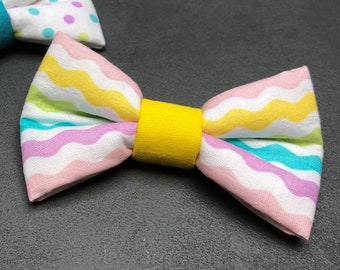 Easter bow, Easter ribbon, dog bow, dog bow tie, bow tie, colorful, white, waves, stripes, dog, cat