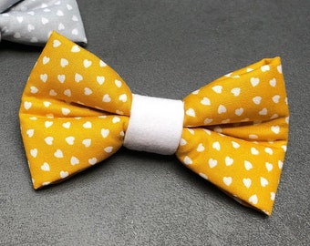 Valentine's bow tie, Valentine's bow tie, dog bow tie, dog bow tie, bow tie, Valentine's Day, yellow, mustard yellow, white, hearts, dog, cat