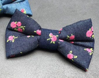 Dog bow tie, dog bow tie, bow tie, dark blue, jeans, denim, pink, rose, flowers, roses, dog, cat