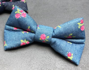 Dog bow tie, dog bow tie, bow tie, light blue, jeans, denim, pink, rose, flowers, roses, dog, cat
