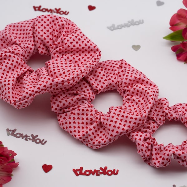 Valentine's Day Scrunchie Hair Tie Hearts Red Pink