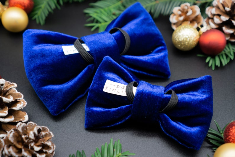 May include: Two blue velvet bow ties with black elastic bands. The bow ties have a white label with the text "KIMLIN" on them.