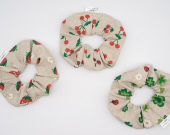 Scrunchie hair tie, hair elastic, strawberries, cherries, clover, ladybug, flowers, beige, red, green, white