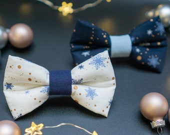 Christmas bow tie, dog bow tie, dog bow tie, bow tie, Christmas, white, dark blue, blue, navy, navy blue, light blue, copper, dog, cat