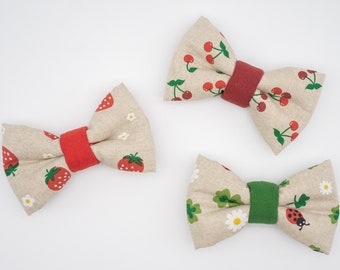 Dog bow tie, dog bow tie, cat bow tie, cat bow tie, bow tie, strawberries, cherries, clover, ladybug, flowers, beige, green, red, white