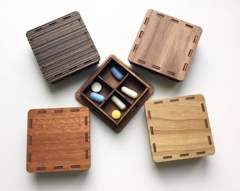 Wooden Pill Organizer, Travel Pill Box, Pocket Medicine Case, Vitamin Holder, 4 Compartment Pill Box
