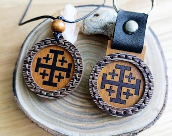 Wooden Crusader Cross Pendant & Keychain Set | Jerusalem Cross Necklace | Handmade Christian Gift | Limited Edition