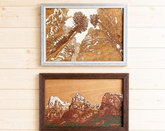 Zion National Park Wooden Wall Art, Utah Mountain Landscape, Wood Engraved Painting, Neutral Wall Decor, Rustic Cabin, Limited Edition