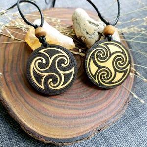 Triskelion wooden  jewelry, Witches Celtic Knot, gold Triskelion pendant, Triskelion Spiral Life Pendant.