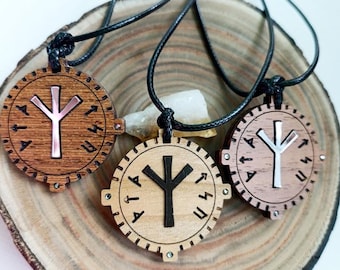 Algiz Rune Wooden Amulet, Viking Protection Pendant, Norse Pagan Necklace, Elder Futhark Talisman, Handmade Spiritual Jewelry