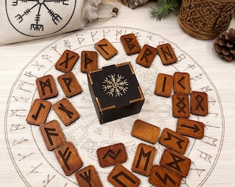 Juego de 25 runas escandinavas de madera – Kit de adivinación para principiantes Elder Futhark con caja y bolsa
