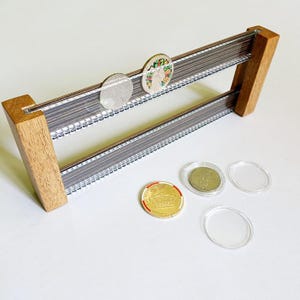 Handmade coin display stand 2 shelves acrylic and veneer, Challenge Coin case wood