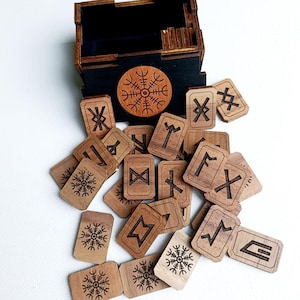 Set 34 Anglo-Saxon walnut veneer runes in pouch and wooden box, Northumbrian wooden runes, Northumbrian Futhorc