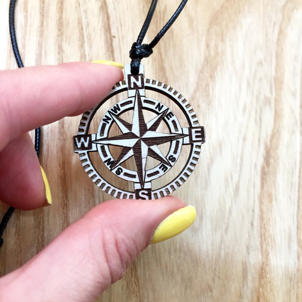 Compass Rose Pendant, Engraved Wooden pendant , Men's Compass Pendant Necklace