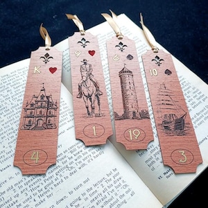 Holz-Lesezeichen mit Gravur Lenormand Tarotkarten, Reiter, Turm, Haus, Schiff, Buchzubehör