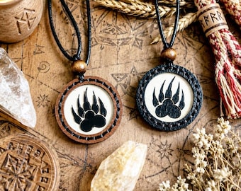 Bear Paw Pendant, Slavic Wooden Amulet, Veles Seal Necklace, Pagan Protection Talisman, Norse Celtic Gift for Men,