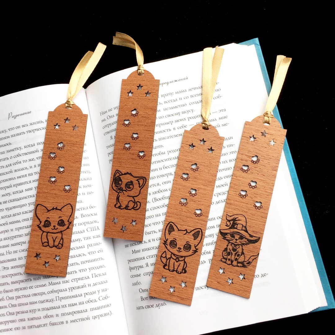 Cute Cat Wooden Bookmark Engraved, Set Bookmarks, Cat Love - Etsy