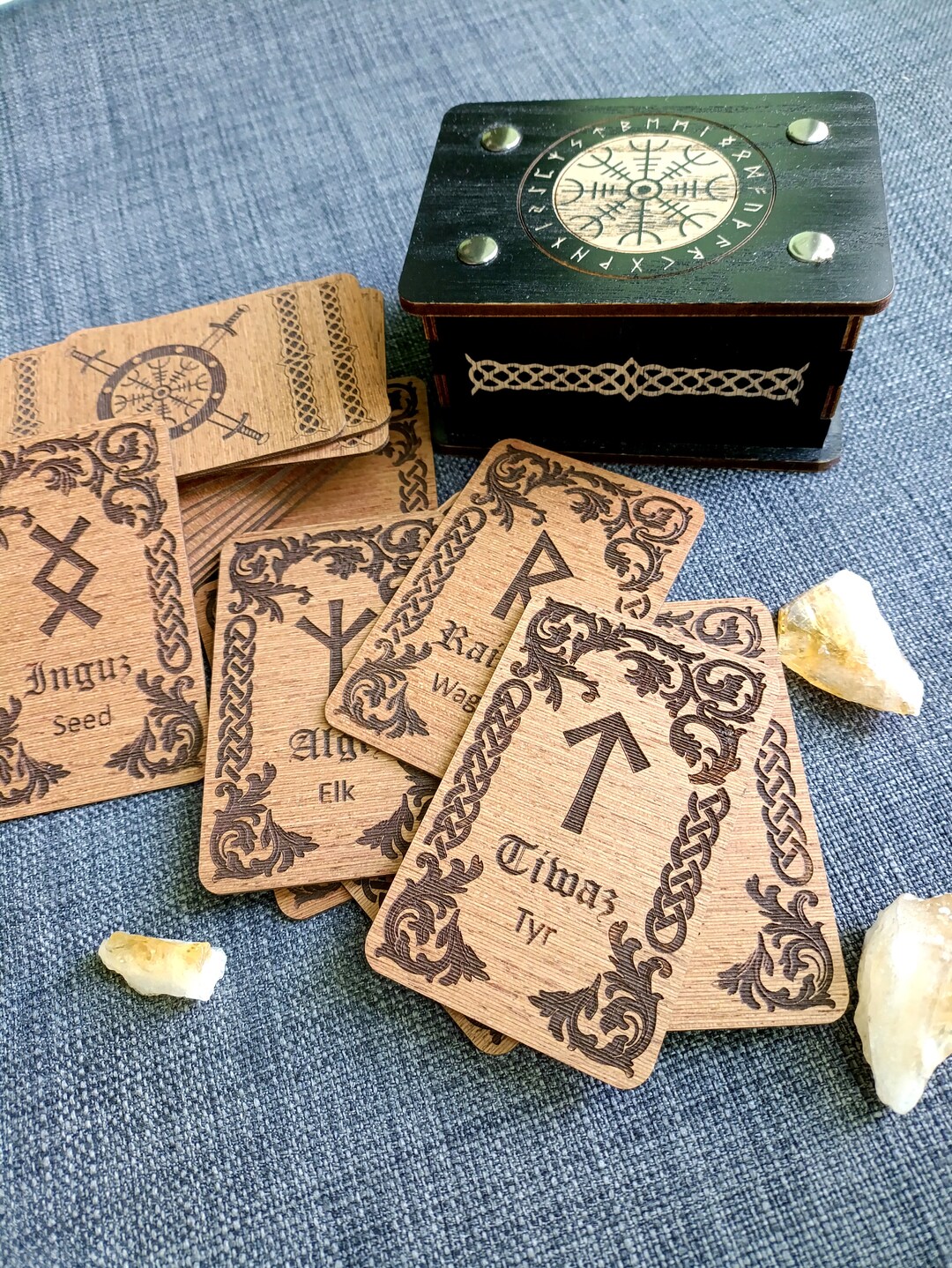 Helmet of Awe Wooden Elder Futhark Rune Cards Engraved , Celtic Rune ...