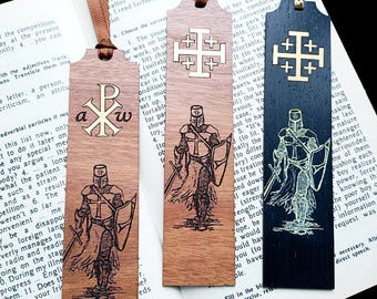 Templar Knight Wooden Bookmarks – Handmade Wood Veneer with Gold Inlay Jerusalem Cross & Chi Rho