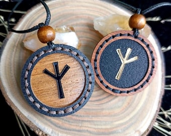Algiz Rune Necklace, Wooden Viking Protection Amulet, Norse Pagan Pendant, Elder Futhark Talisman, Handmade Gift
