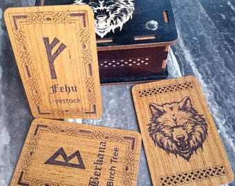 Elder Futhark Rune Cards, Wooden Norse Rune Deck with Fenrir Wolf Design
