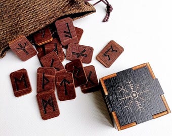 Juego de 25 runas escandinavas de madera – Kit de adivinación para principiantes Elder Futhark con caja y bolsa