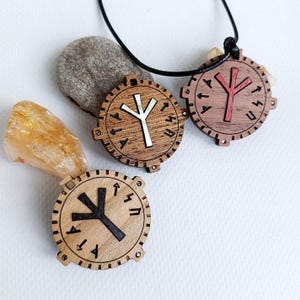 Algiz wooden amulet, Protective runic talisman pendant