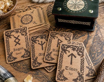 Wooden Rune Cards Helmet of Horror, Elder Futhark Deck, Double Sided Engraved Rune Cards with Wood Box, One a kind