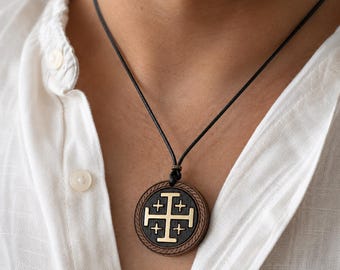 Christian Jerusalem, Cross Necklace,  Alpha Omega Chi Rho, Handmade Wooden Catholic Pendant, Crusader Cross Faith