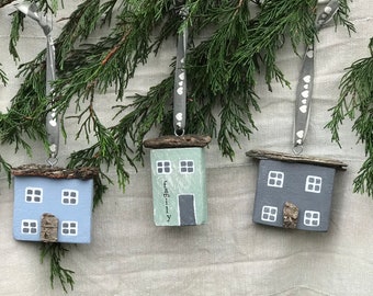 wooden house ornament, driftwood houses, hanging house, hanging ornament, wooden house gift, personalised options