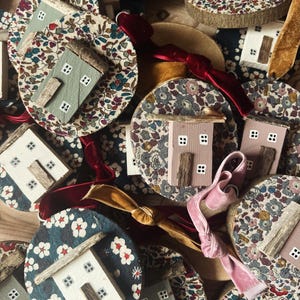 Liberty print house ornament.tiny Wooden house on log slice with liberty fabric. Letter box size. Eco friendly handmade gifts